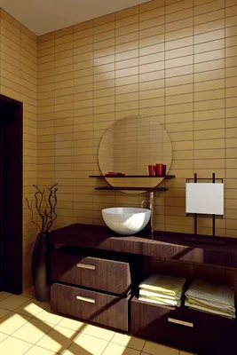 Ванная комната в японском стиле с традиционной баней