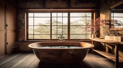 Фото ванной комнаты с японскими камнями и фонтаном