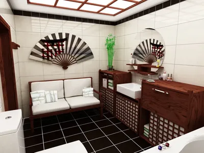 Ванная комната в японском стиле с мини-садом и камнями