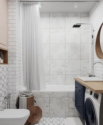 Фото ванной комнаты в скандинавском стиле с использованием деревянных элементов