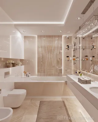 Ванная комната с мраморными элементами и светлым оформлением