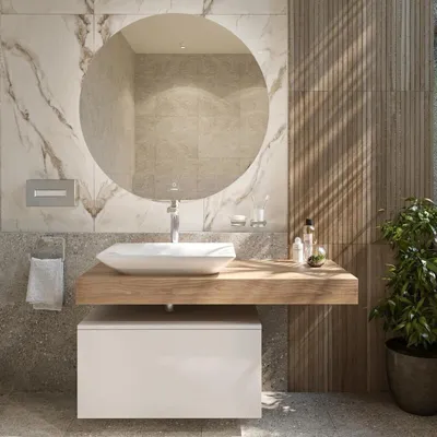 24) Фото ванной комнаты с встраиваемыми раковинами в разных стилях
