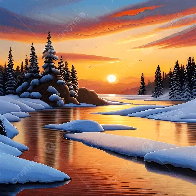 Зимний гармоничный закат: Закат в стиле зимнего пейзажа
