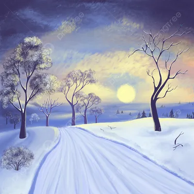 Зимний закат в арт-стиле: Картинка солнечного прощания