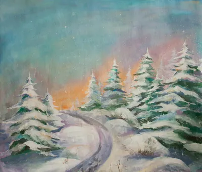 Арт-изображение лесного пейзажа зимой.